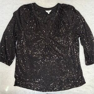 Crown & Ivy Black Sequin Blouse Large 3/4 Sleeve Dressy Party Evening Wear
